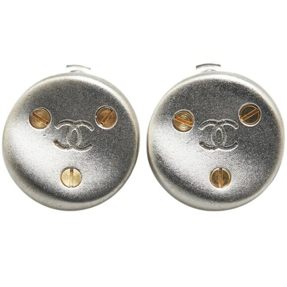 CHANEL CC Logos Round Vintage Clip-On Earrings Silver Tone 98P Auth w/Box #0927